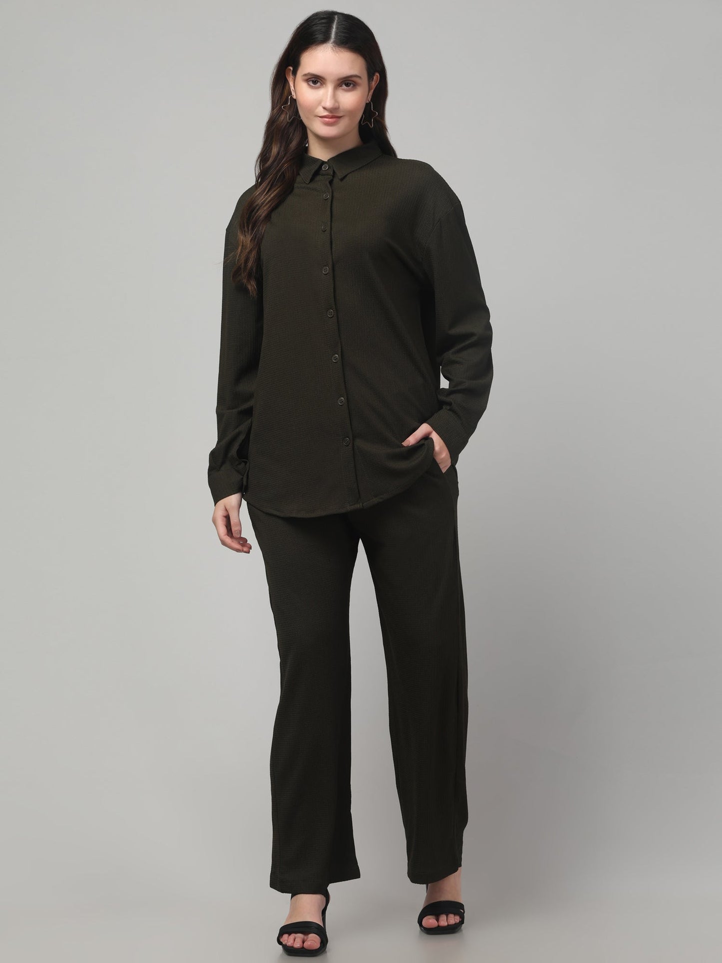 Olive Green Solid Co ord Set For Womens