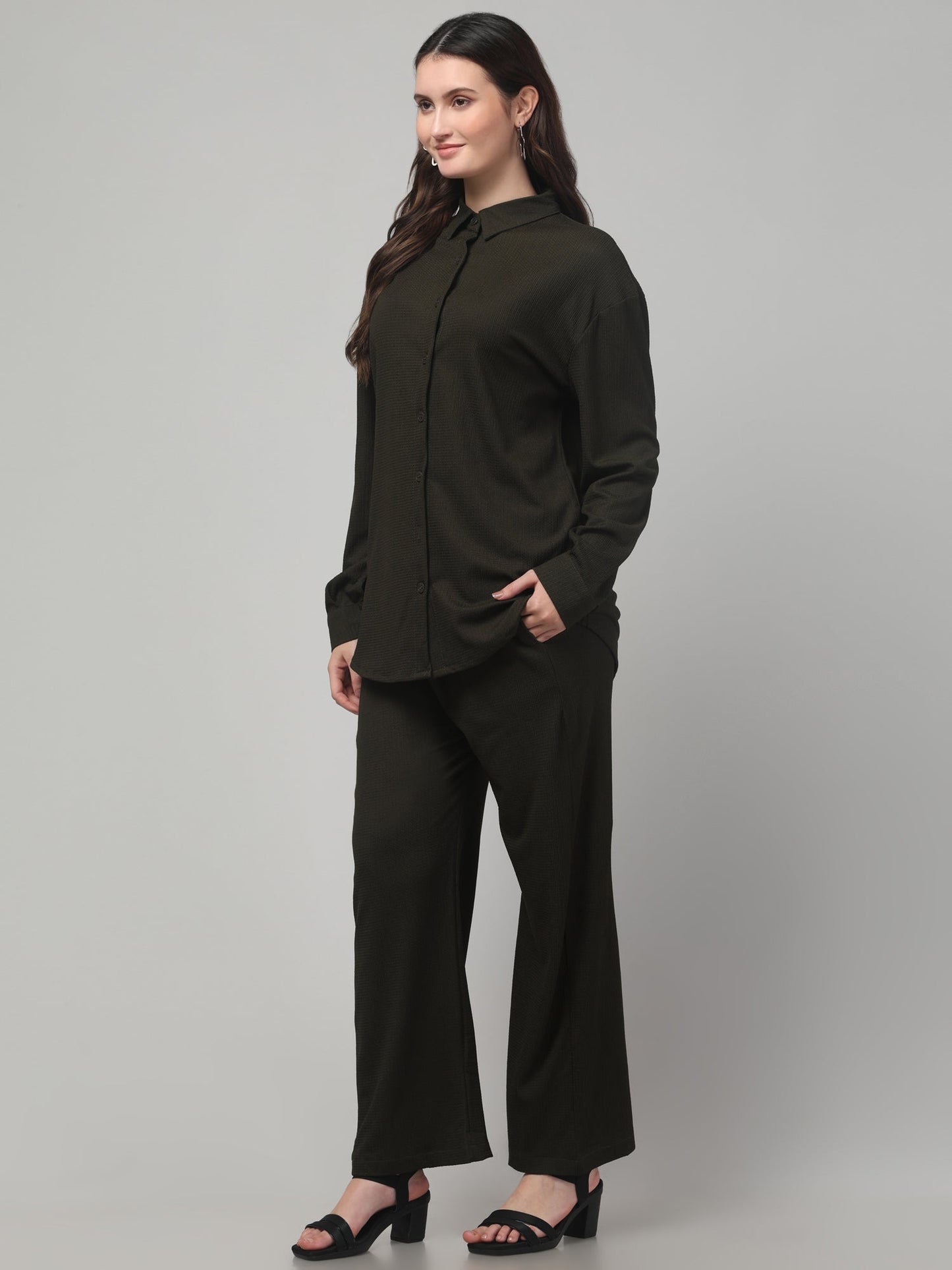Olive Green Solid Co ord Set For Womens