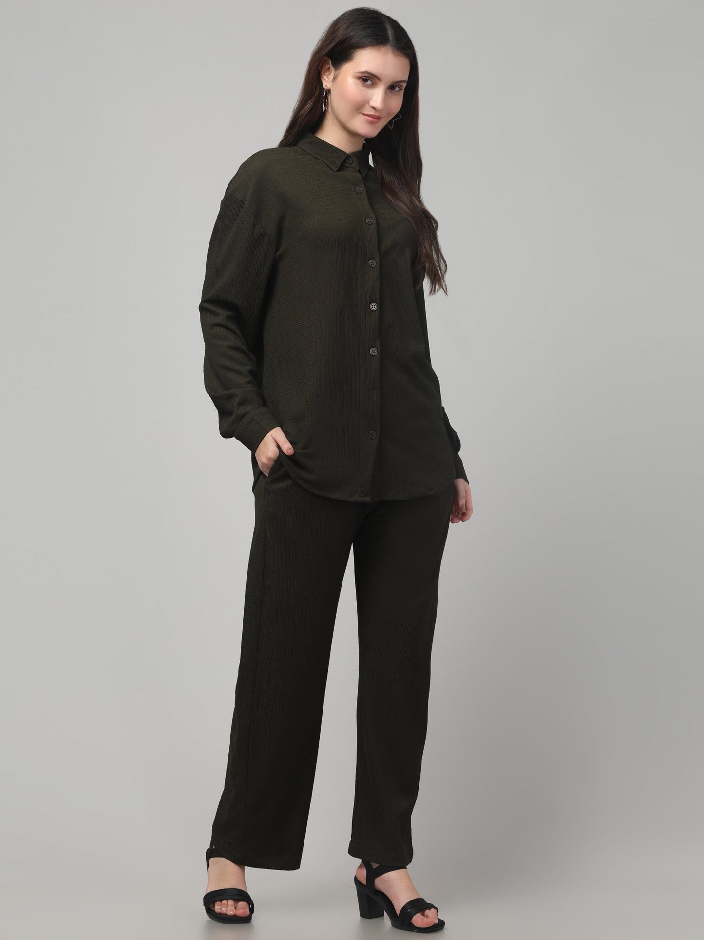 Olive Green Solid Co ord Set For Womens