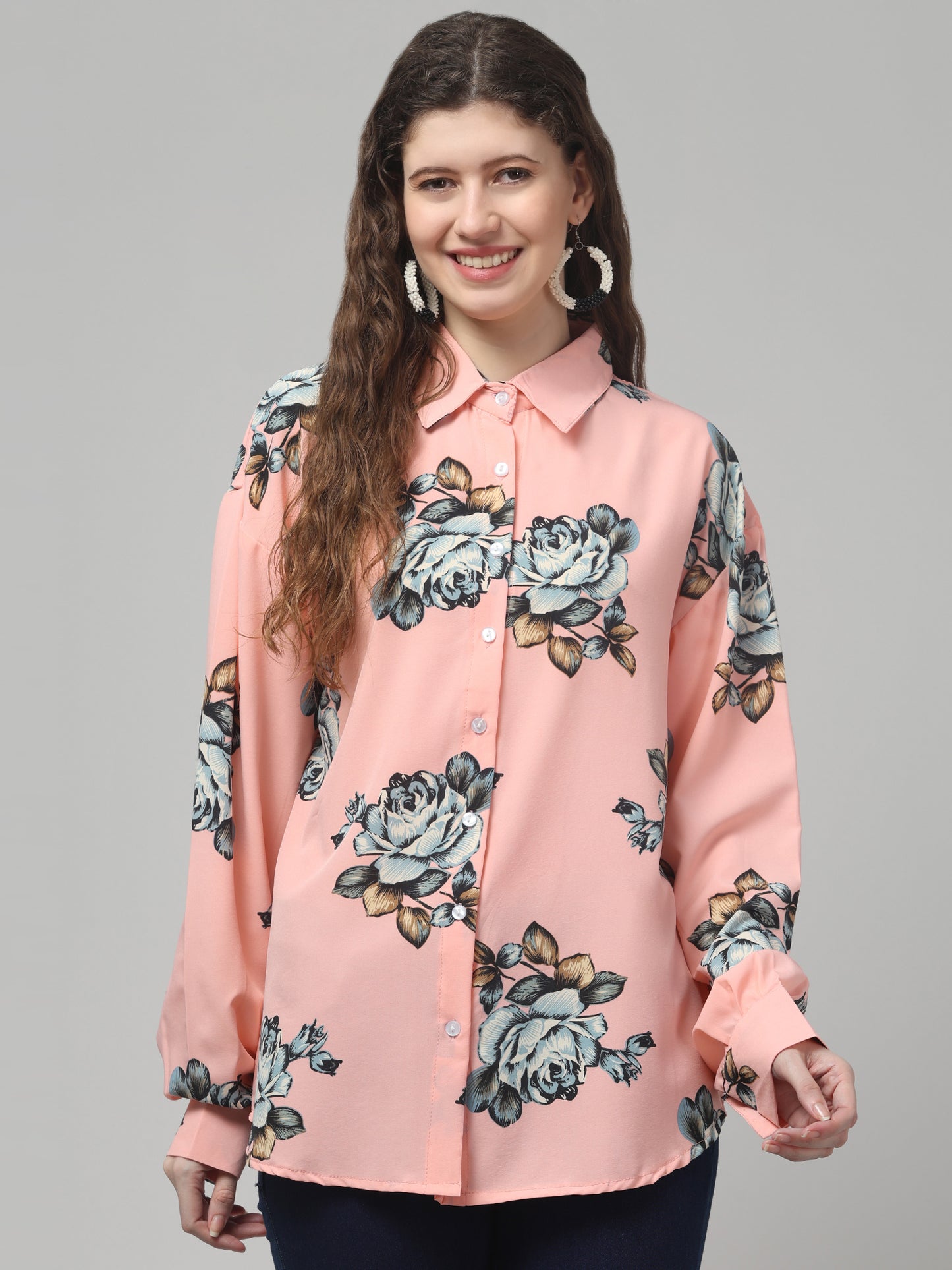 Pink Printed Floral Shirt For Womens